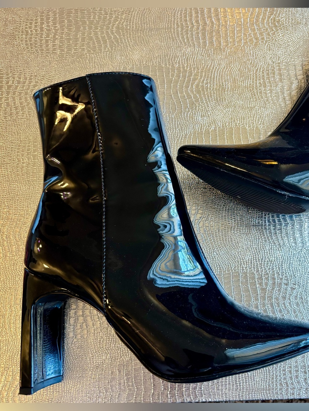 Shiny Black Go-go Boots with Thin Block Heel Size 7